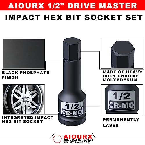 1/2" Drive Master Impact Hex Bit Socket Set, SAE, 10 Pieces 1/2" Drive Impact Allen Bit Socket Set, 1/4" - 3/4", Cr-Mo Steel, Heavy Duty Storage Case - size: 1/2“Hex SAE