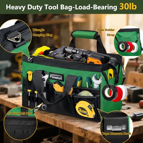 18 Inch Heavy Duty Tool Bag, Large Tool Organizer with 17 Pockets, Wide Mouth Tool Tote with Adjustable Shoulder Strap, Portable Storage Bag for Electricians, Mechanics, Contractors, DIY & Home Repair - size: 18"L x 9"W x 10"H