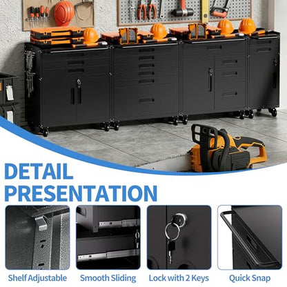 Metal Storage Cabinet for Garage, Tool Cabinet, Utility Cabinet | Wheeled, Rolling Tool Cabinet, 4 Drawers, 1 Doors Lockable, Top Countertop, Pegboard, Assembly Required, Black - color: Black