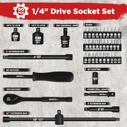 90PCS 1/4" Drive Impact Socket Set Metric 4-15mm and Standard SAE Size (5/32"-9/16"), with 72-Teeth Ratchet, Screwdriver Bit Set, Mechanics Tool Kit for Home Use and Automotive Repair - style: 1/4-90PCS