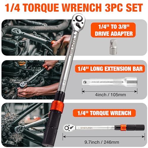 Vanquish 1/4-inch Drive Torque Wrench with 4" Extension Bar and 1/4" to 3/8" Adapter, 72-tooth, 40-220 IN.LB/4.5-24.8 Nm, ±3% High Precision, 1601AM - size: 1/4-inch Drive