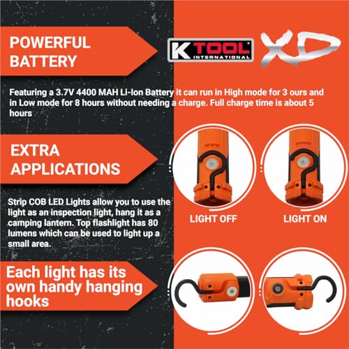 K Tool International XD52848 15.5-Inch Adjustable LED Work Light, Orange/Black, Battery Powered, 6 Levels of Brightness, 700 Lumens