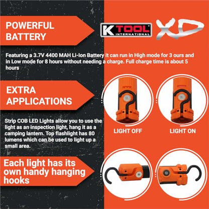 K Tool International XD52848 15.5-Inch Adjustable LED Work Light, Orange/Black, Battery Powered, 6 Levels of Brightness, 700 Lumens