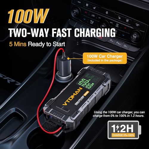 VTOMAN V10 Max Portable Jump Starter with 100W Bi-Directional Fast Charger | Car Battery Jumper Starter Portable (All Gas&12L Diesel), 12V Auto Jump Box Booster Pack, 3.2" Display, Pickup Trucks & Suvs - color: black