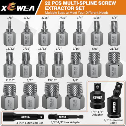 XEWEA 22PCS 3/8" Drive Screw Extractor Set, Bolt Remover Kit | Multi-Spline Easy Out for Stripped Broken Bolts, Nuts & Screws, Heavy-Duty CR-MO Extraction Tools with Extension & Adapter - size: 22PCS