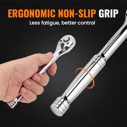 3/8" Drive Ratchet Wrench Set, 90T Quick-Release Reversible Ratchet, Cr-Mo Steel with 6" Extension Bar for Automotive & Home Repair - size: 3/8"