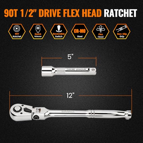 Flex Head 1/2" Drive Ratchet Wrench, 90T Long Handle Ratchet, Quick-Release Reversible with Cr-Mo Head and 5" Extension Bar for High Torque & Tight Spaces - size: 1/2"