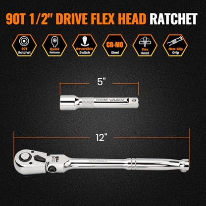 Flex Head 1/2" Drive Ratchet Wrench, 90T Long Handle Ratchet, Quick-Release Reversible with Cr-Mo Head and 5" Extension Bar for High Torque & Tight Spaces - size: 1/2"