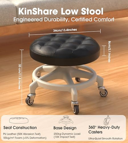 Upgraded Low-Profile Rolling Stool with 360° Smooth Rubber Wheels – Heavy-Duty 450lbs, Puffed PU Seat & Anti-Tip Base | Ideal for Home, Office, Salon, Workshop, Mechanic, Garage, White - style: Puffed Black Seat White Frame
