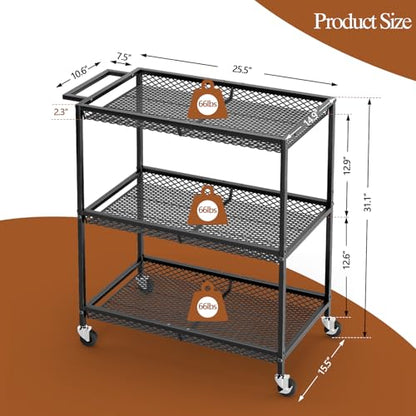 3 Tier Rolling Utility Kitchen Cart, Heavy Duty Wire Rolling Cart on Wheels, Commercial Metal Serving Carts with Handle, Kitchen Island Plant Shelf Food Storage Trolley for Laundry, Office, Garage - color: Black