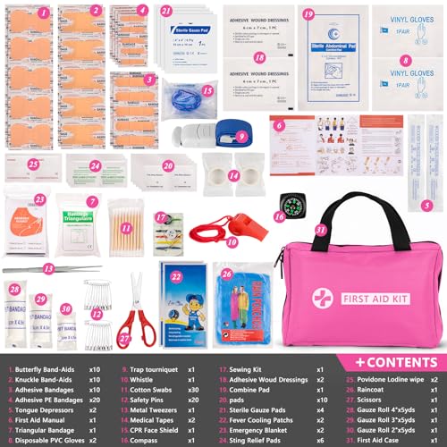 Car Emergency Kit with Portable Air Compressor - Roadside Assistance Emergency Kit with Jumper Cables, First Aid Kit, Auto Tool Set, Winter Safety Kit for Women, Men, Teen (Pink) - color: Pink