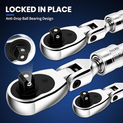 3-Piece Extendable Ratchet Set with 180-Degree Flex Head, 1/4" 3/8" 1/2" Drive, 72-Tooth Quick-Release Reversible Socket Wrench Set, Chrome Vanadium Steel with Storage Tray - size: Extendable&Flex-Head Ratchet