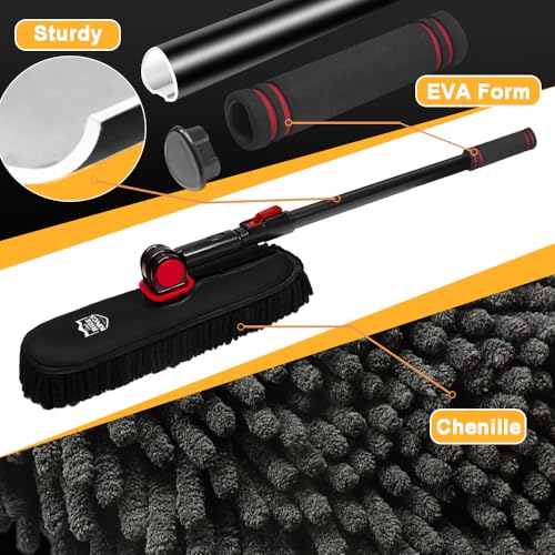Car Wash Brush with Long Handle, Chenille Microfiber Car Wash Mop Kit, Scratch Free Car Cleaning Supplies with Ergonomic 15掳 Curved Extension Pole for RV Truck Boat Windshield - Black - color: Black
