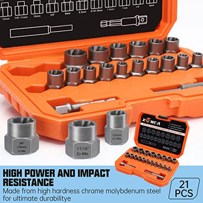 XEWEA 21PCS Bolt Nut Extractor Set, 3/8" Drive Easy Out Broken Lug Nut Extraction Remover Socket Set for Damaged, Frozen,Studs,Rusted, Rounded-Off Bolts & Nuts Screws - size: 21PCS