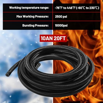 10AN 20FT PTFE Fuel Line Hose Kit, AN10 E85 Stainless Steel Nylon Braided Fuel Hose with 10PCS PTFE Swivel Fuel Hose Fitting Adapter Kit and 2 PCS Line separator (1/2Inch ID) - Black - color: Black, size: 10AN Fitting+20Ft Hose