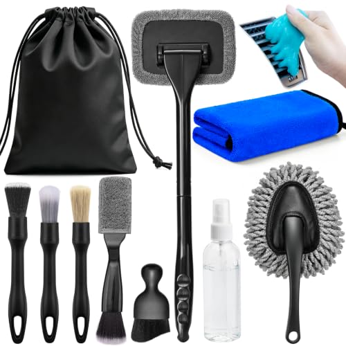 Car Interior Cleaning Kit - Windshield Cleaner Tool, 3 Graded Boar Brushes, Double Head AC Vent Shutter Brush, Towels, Duster, Car Interior Detailing Kit for RVs, Truck, Trailer