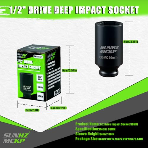 SUNHZMCKP 36mm Socket | 1/2” Drive Deep Impact Socket | 6 Point |CR-MO | Spindle & Axle Nut Impact Grade Socket for Easy Removal (METRIC 36 mm) - color: Metric, size: 36 mm