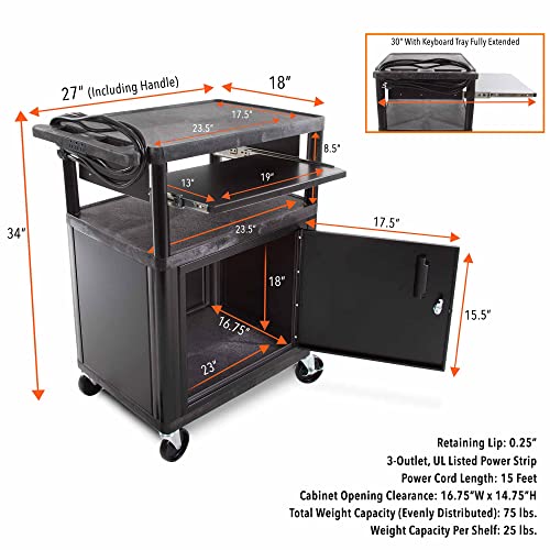 Line Leader Plastic AV Cart with Keyboard Tray and Locking Metal Cabinet, Heavy Duty Mobile Workstation with 4 Rolling Casters, 2 Locking Brakes, Heavy Duty, Holds up to 100 lbs (34 Inch w Cabinet) - color: 2 Shelves W/ Cabinet & Keyboard Tray