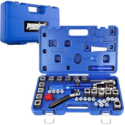 Professional Hydraulic Flaring Tool Kit, with Stabilizing Arm for 45° Double & Single, ISO Bubble, GM Fuel & Transmission Line Flares - 3/16" to 1/2" & 4-10mm, Includes Cutter & Deburrer - size: MU-HFTK-410