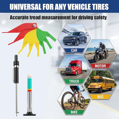 4 Pcs Car Brake Pad Thickness Gauge Set, Tread Depth Gauge, Color-Coded Brake Pad Measuring Tool for Car Truck Motorcycle