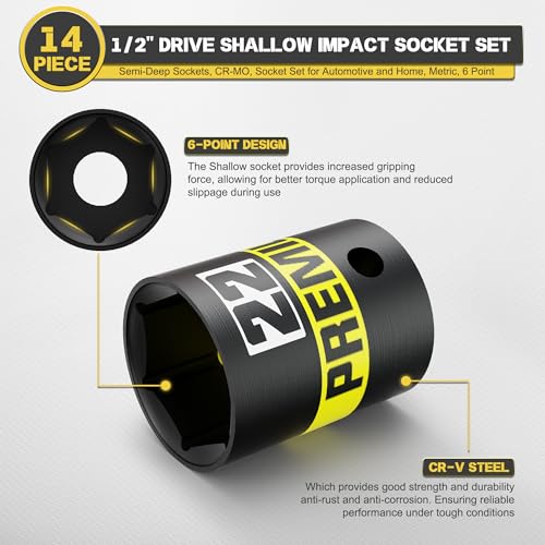 14-Piece 1/2" Drive Shallow Impact Socket Set, 11-32mm, Semi-Deep Sockets, CR-V, Socket Set for Automotive and Home, Metric, 6 Point - size: 1/2" 14pcs Metric Shallow