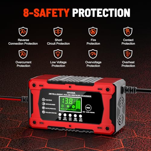 10A 12V Battery Charger for Car Fully Automatic Smart Trickle Charger & Maintainer with LCD Display, Temperature Compensation for Truck, Motorcycle, Boat, Lawn Mower - color: Light Red