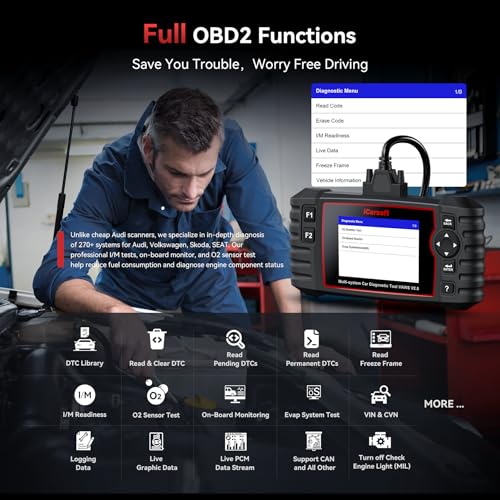 iCarsoft VAWS V2.0 2026 Ver All System Diagnostic Tool for VW Audi Bentley Bugatti Seat Man LD Skoda Etc 9 Services Live Data Battery Test OBD2 Scanner Lifetime Free Update Check Engine Code Reader