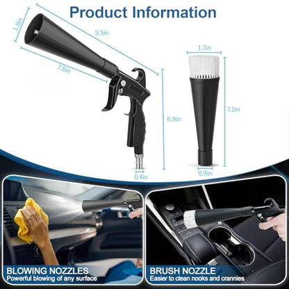 Detailing Car Cleaning Gun Interior Dryer Air Blow Gun, High Pressure Blower Gun with 5 Pcs Brushes for Auto Carpet Seats Dashboard Console Cleaning