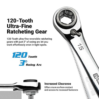 Capri Tools 4-in-1 120-Tooth Box End Reversible Ratcheting Wrench Set, Metric and SAE, 4-Piece with 16 Sizes - size: Metric and SAE (4-Piece Set)