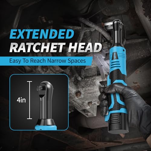 FULLYEA 3/8" Cordless Ratchet Wrench Set, 40 Ft-lbs, 550 RPM, 16.8V Electric Ratchet, Extended Power Ratchet Tool Kit with Variable Speed, 2 * 2.0Ah Battery, 1/4" Adapter & 3" Extension Bar(Blue)
