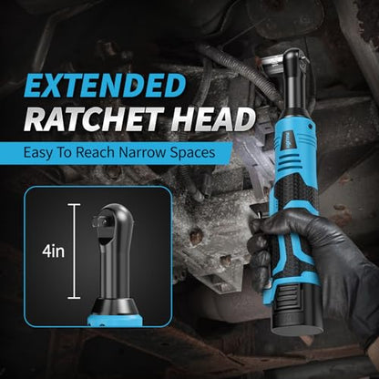 FULLYEA 3/8" Cordless Ratchet Wrench Set, 40 Ft-lbs, 550 RPM, 16.8V Electric Ratchet, Extended Power Ratchet Tool Kit with Variable Speed, 2 * 2.0Ah Battery, 1/4" Adapter & 3" Extension Bar(Blue)