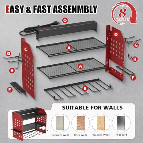 SUNALLY Power Tool Organizer Wall Mount with Charging Station,3 Layer Metal Tool Storage Rack with 4 Drill Holders, Heavy Duty Power Tool Shelf for Garage, Warehouse, Workshop, Gifts for Men, Husband - style: 4 Drill Holders F