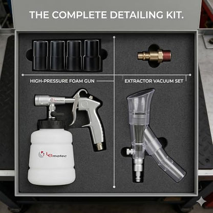 LE LEMATEC Air Tornador Car Detailing Gun & Upholstery Extractor Kit | Interior carpet vent cleaner, foam bottle, vacuum attachment, 3000 RPM, 90 PSI, 1/4" NPT compressor - size: 3,000 RPM