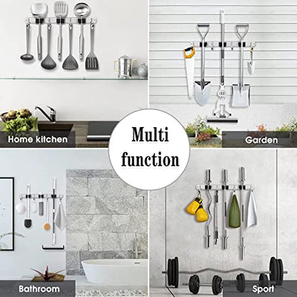 AceMining Broom Holder Wall Mount, 3 Racks 4 Hooks Heavy Duty Mop Organizer | Mop Holder Wall Mount and Broom Hanger for Garage, Laundry Room, Kitchen and Utility Storage - color: 3 Racks & 4 Hooks (Silver) - 1 Pack