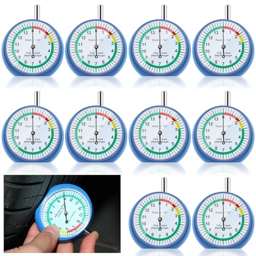 Tallew 10 Pack Tire Tread Depth Gauge in 32nds Dial Type Tire Depth Gauge with Color Coded Easy Reading Bulk Tire Tread Gauge Professional Tool for Motorcycle Car Truck Bus, Blue and White