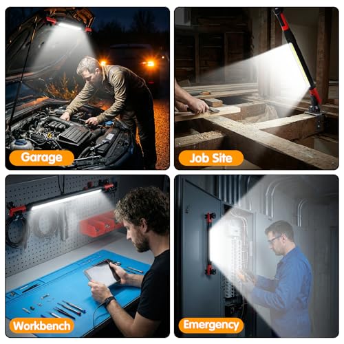 Work Light for Mechanic, 1000LM & 2500 mAh LED Work Light Bar Rechargeable Magnetic Underhood Works Light with Hooks for Car Repairing/Inspection/Garage/Workshop/Emergency (2)