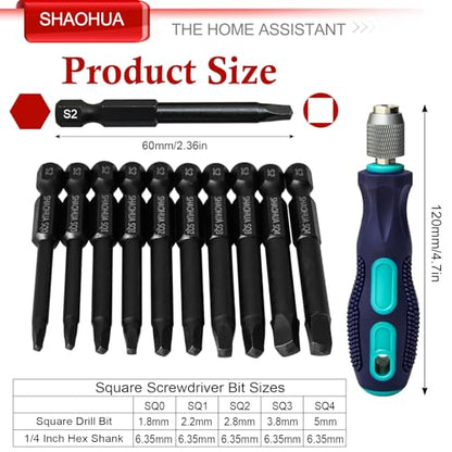 10PCS Square Drive Bits Set, 2.3" Long With 1/4 Inch Magnetic Bit Driver, S2 Steel Allen Wrench Drill Bits, Hex Head Drill Bit Set SQ#0, 1, 2, 3, and #4 - style: D. Square Screwdriver Bits