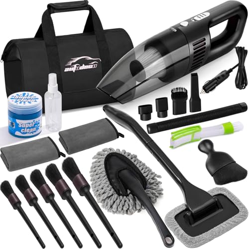 Car Cleaning Kit, Car Vacuum Interior Detailing Cleaner Kit with High Power Handheld Vacuum, Brush Set, Windshield Tool, Duster, Towels, Complete Car Care Tools for Women (Black) - color: Black