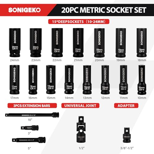 Socket Set 1/2" Drive Impact Socket Set,20-Piece 6 Point Deep, Metric CR-V Steel Sockets with Extension Bars, Universal Joint and Adapter(1/2" 20 PCS Metric) - size: 20 PCS, 1/2" Socket Set, Metric