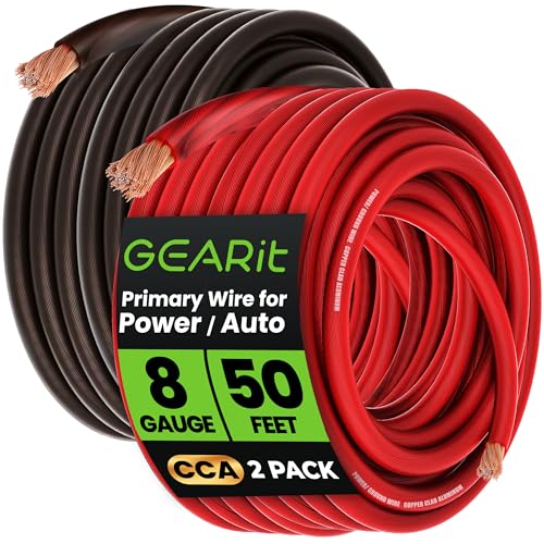GEARit 8 Gauge Wire (50ft Each- Black/Red Translucent) Copper Clad Aluminum CCA - Primary Automotive Wire Power/Ground, Battery Cable, Car Audio Speaker, RV Trailer, Amp, Electrical 8ga AWG 50 Feet - color: 8 Gauge Wire, size: Black/Red - 50ft Each