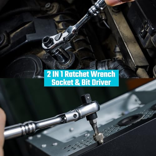 DURATECH 1/4" Drive Ratchet Handle, 2 in 1 Flex Head, Socket & Bit Driver | 72-Tooth, Reversible Switch, Full-Polished, Chrome Plating, Alloy Steel - size: 1pc