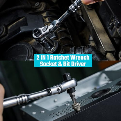 DURATECH 1/4" Drive Ratchet Handle, 2 in 1 Flex Head, Socket & Bit Driver | 72-Tooth, Reversible Switch, Full-Polished, Chrome Plating, Alloy Steel - size: 1pc