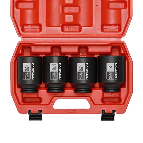 CASOMAN 4 Pieces 1/2" Dr. Deep Impact Socket Set, 1/2-Inch Drive Spindle Axle Nut Impact Socket Set, 1-13/16", 1-7/8", 1-15/16", 2", CR-MO, 6-Point, SAE - size: 4PCS(1-13/16 Inch - 2 Inch), style: Deep