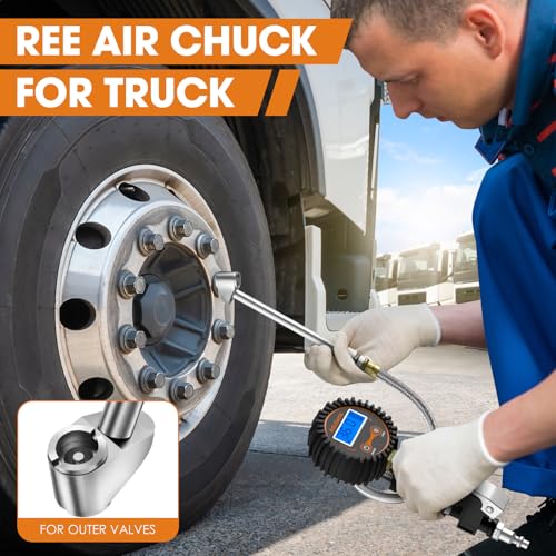 Digital Tire Pressure Gauge with Inflator, 250 PSI Heavy Duty Air Chuck Air Compressor Attachments, Improved Leaks Protection & Stainless Braided Hose Tire Gauge, 0.1 Display Resolution - color: Standard