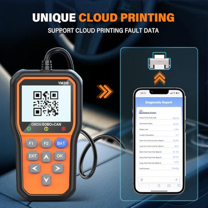 BluSon YM319 OBD2 Scanner Diagnostic Tool with Battery Tester, Check Engine Fault Code Reader with Live Data, Cloud Printing, DTC Lookup, Freeze Frame, Scan Tool for All OBDII Protocol Cars Since 1996 - color: Orange