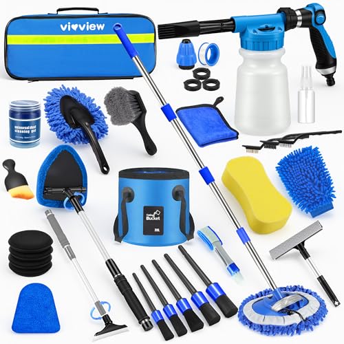 36Pcs Blue Car Wash Detailing Kit，Car Cleaning Set with Foam Gun Sprayer，Long-Handle Brush Mop，Large Collapsible Bucket，Complete Car Wash Supply Gift for Men and Women