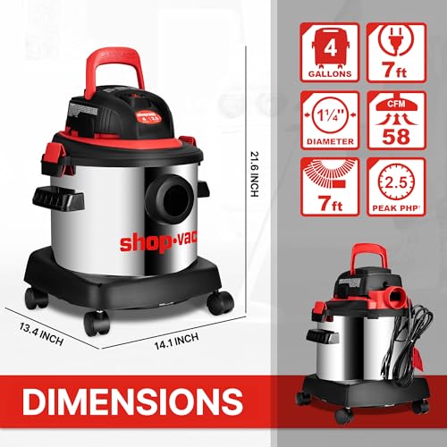 Shop-Vac 5430148 Wet/Dry Vacuum Cleaner, 4 Gallon, 2.5 Peak HP, 1.25 Inch Diameter x 7 Foot Hose, 7 Foot Cord, Ideal for Jobsite, Garage & Workshop