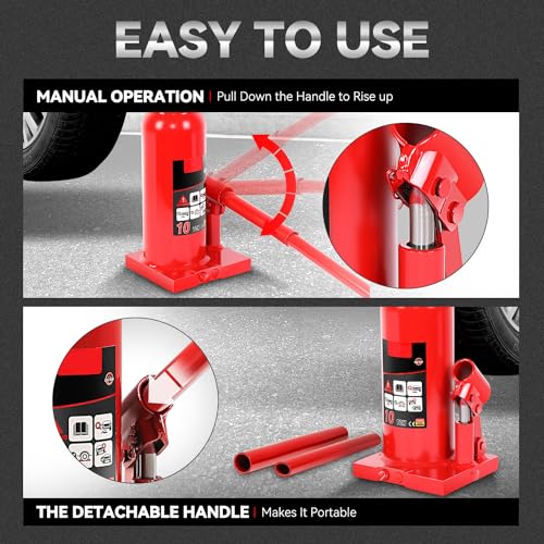 Auto Dynasty 10 Ton Hydraulic Bottle Jack, Automotive Welded Bottle Jack for Car, Pickup Truck, RV, Auto Repair, 9" to 18" Lifting Range (Red) - color: Red, size: 10 Ton