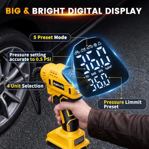 Tire Inflator Air Compressor Compatible with Dewalt 20V Battery, 150PSI Cordless Portable Air Pump with Digital & Auto Shut-Off, LED Light for Car Motorcycles Bike Ball (Tool Only) (Yellow)