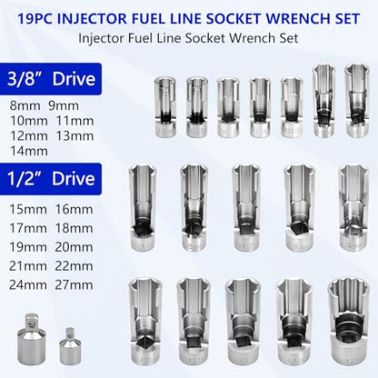 ZKTOOL 19PCS Diesel Injector Fuel Line Socket Set Metric 8-27mm Flare Nut Socket Set 3/8" 1/2" Drive 5-Point Avoid Wire Nut Sockets for Wired Temperature Sensor, Thermo Switch, With Box and Gloves